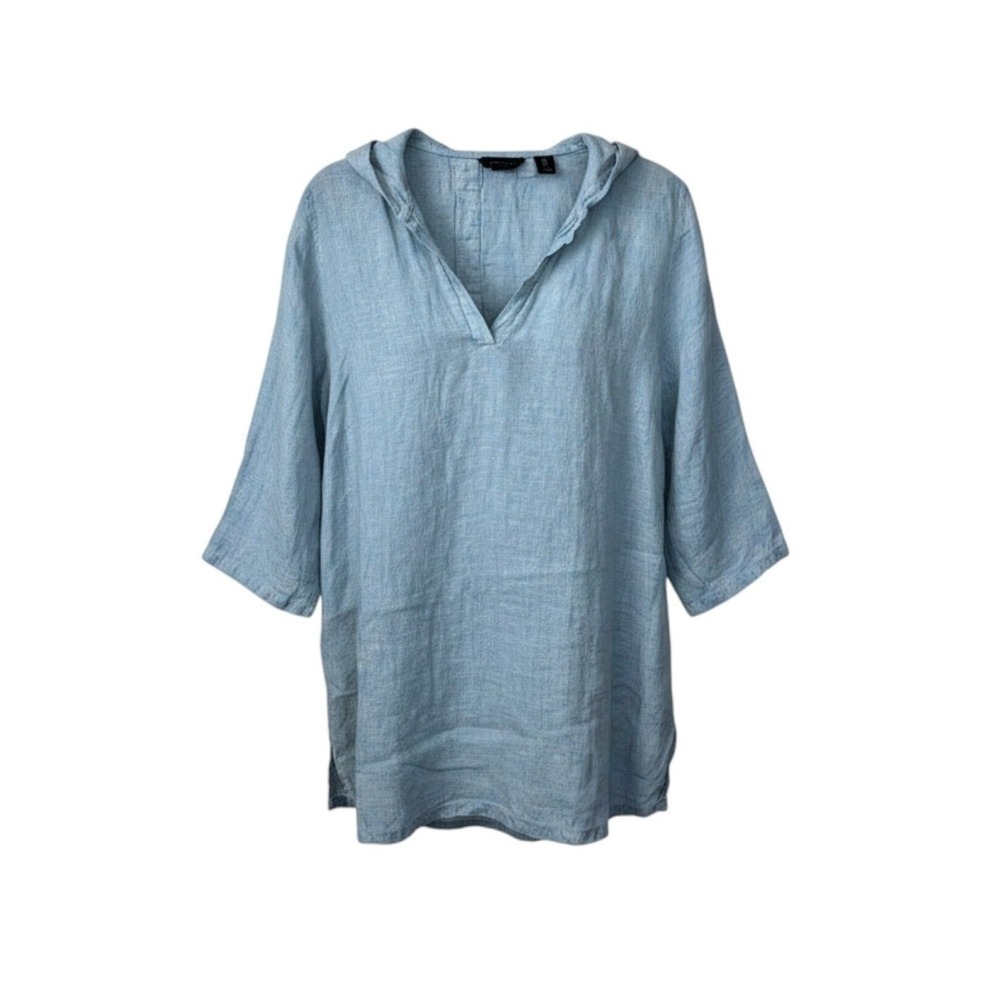 100% Linen Tahari Women 1X Teal Green Hooded Tunic Blouse Top, Lagenlook Coastal